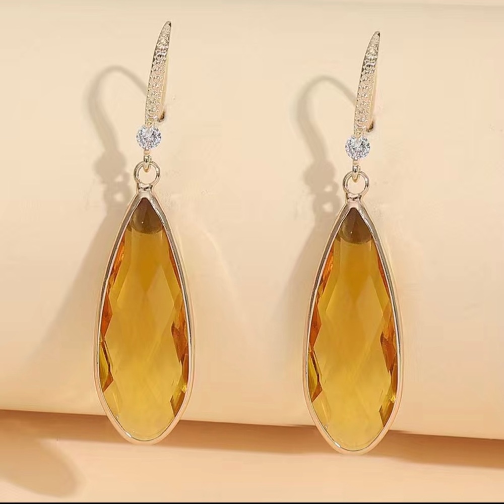 Long Teardrop Artificial Crystal Pendant Elegant Dangle Earrings Copper Jewelry